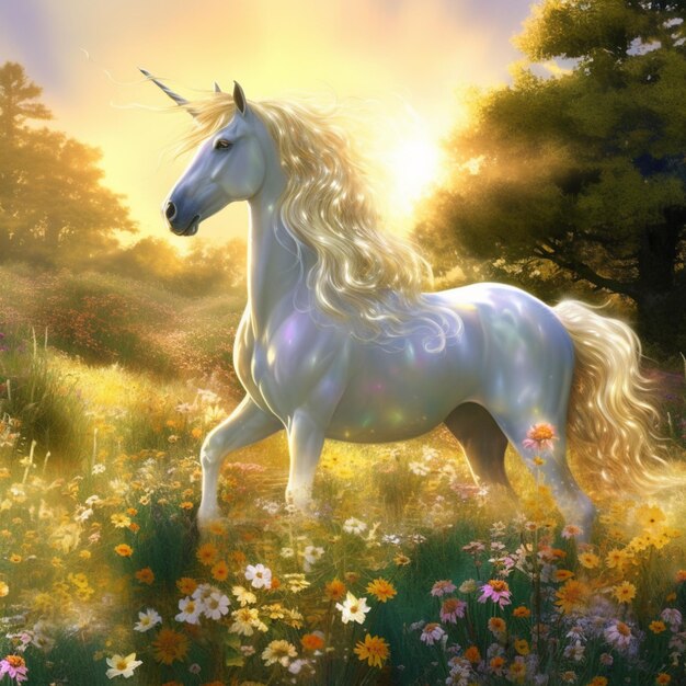Foto unicorno in un campo di fiori con un sole che tramonta dietro di esso generativo ai