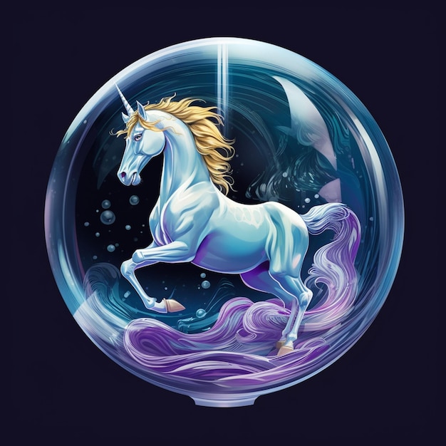 A unicorn in a fish bowl with a purple background