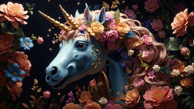 Unicorn and Flowers on Black