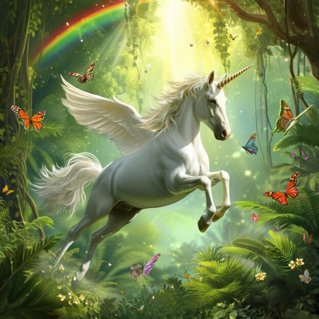Photo a unicorn flying over a tropical forest with a rainbow and butterflies style raw v 6 job id ecdf8385fee6447985937418e75fbe03