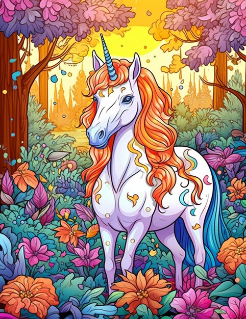 unicorn in the forest with flowers and trees generative ai