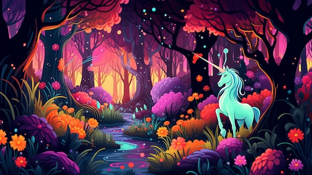 Unicorn in the forest with flowers and trees generative ai