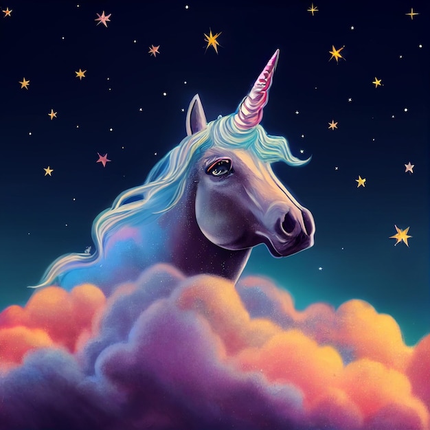 A unicorn head in clouds with stars on it