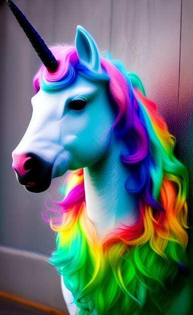 A unicorn head with a rainbow mane