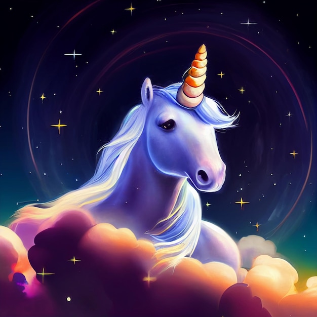 A unicorn is in the clouds with the word unicorn on it.