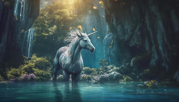 A unicorn in a lake with a waterfall in the background