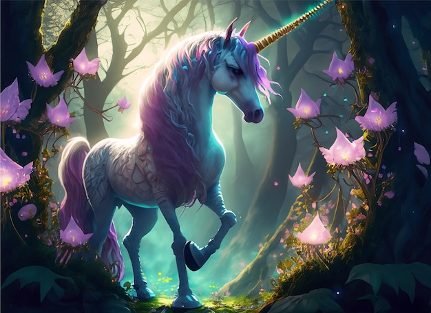 Photo a unicorn in a magical grove