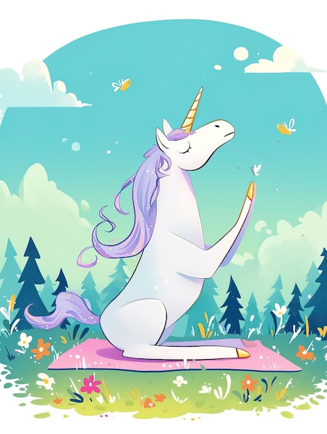 Foto unicorno che medita su un tappetino da yoga nell'illustrazione della foresta