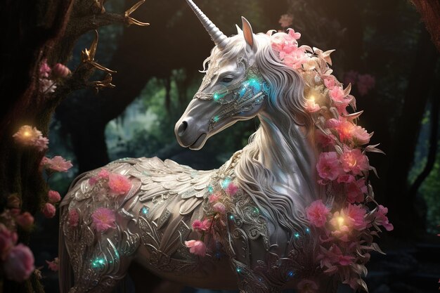 Photo unicorn a mythical creature hoofed animal a horse with one large pointed spiralshaped horn emerging from the forehead tale sweet magical