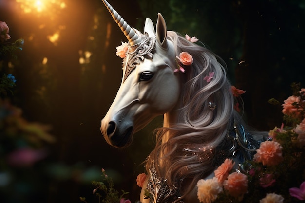 Unicorn a mythical creature symbolizing virtue a horse with a horn rainbow fairytale shiny tail mane pony white beautiful cute magical animal myth