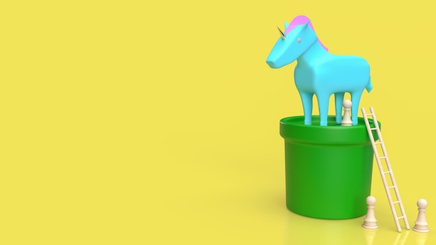 Foto l'unicorno sulla pianta su sfondo giallo per il concetto di business rendering 3d