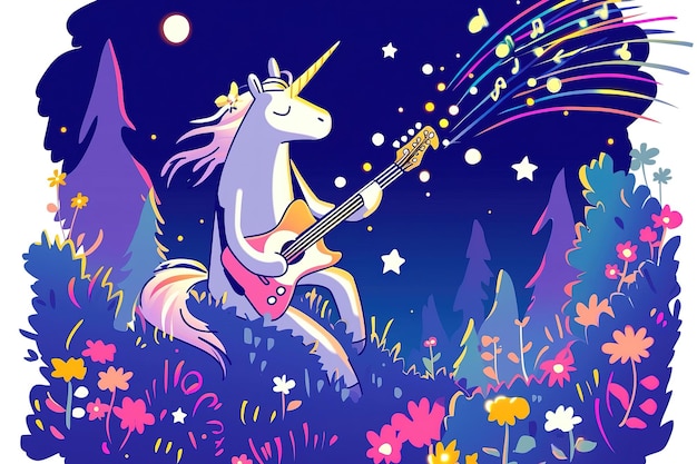 Photo unicorn playing the electric guitar illustration on the background of the starry sky