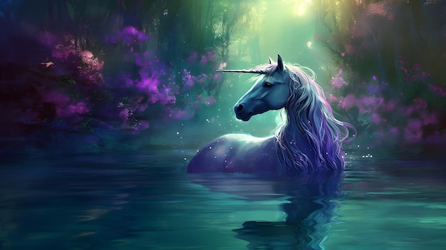 A unicorn in a pond with purple flowers