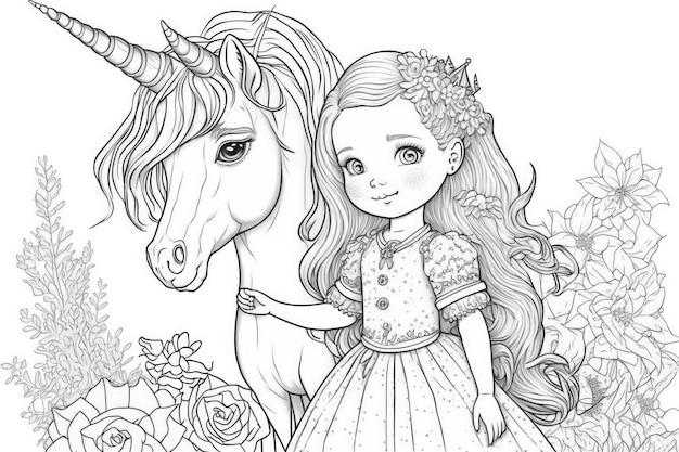 Unicorn and Princess Coloring Page