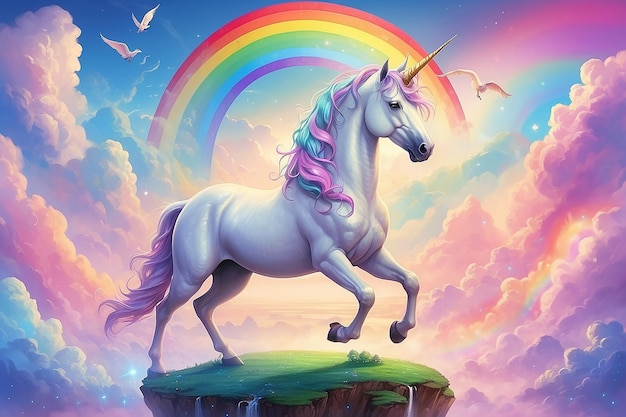 Foto unicorno sullo sfondo dell'arcobaleno unicorno fantastico nel cielo