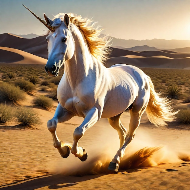 Photo unicorn running on background track desert nature wildlife and snow