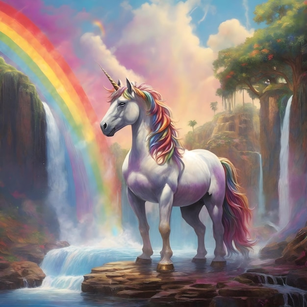 Foto oasi dell'unicorno in piedi su una cascata con un arcobaleno sullo sfondo