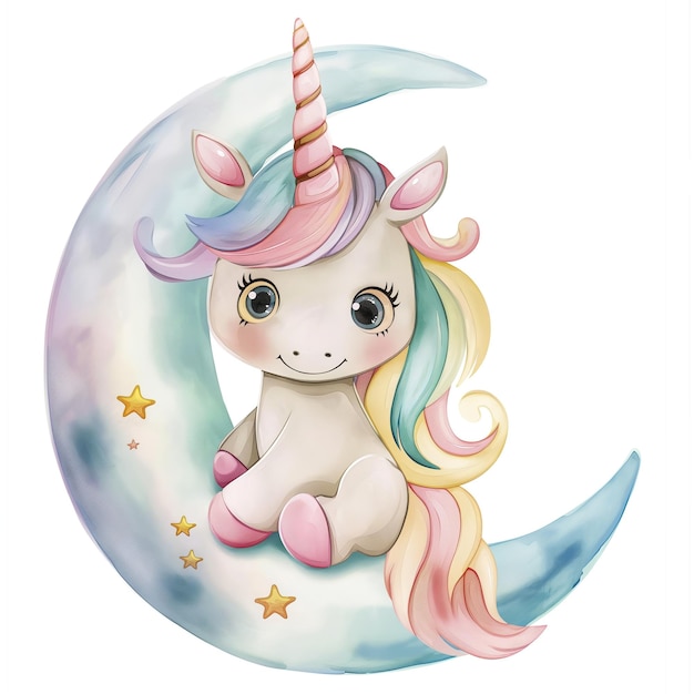 a unicorn sits on a moon with stars and the moon