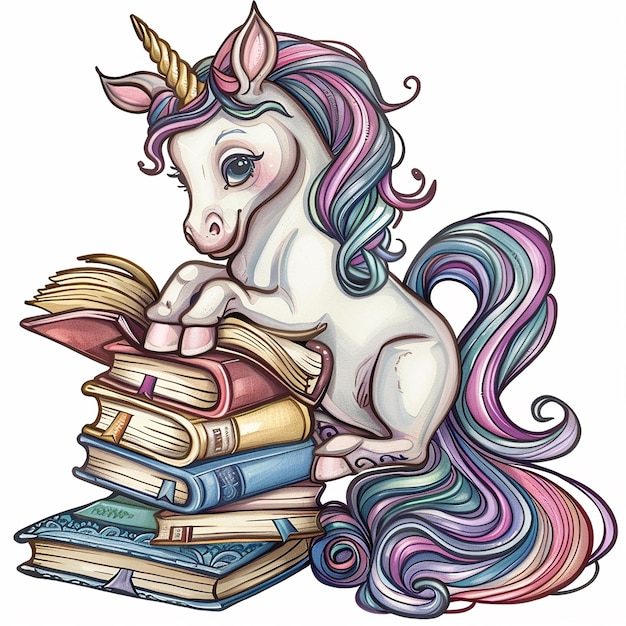 Photo a unicorn sits on a stack of books