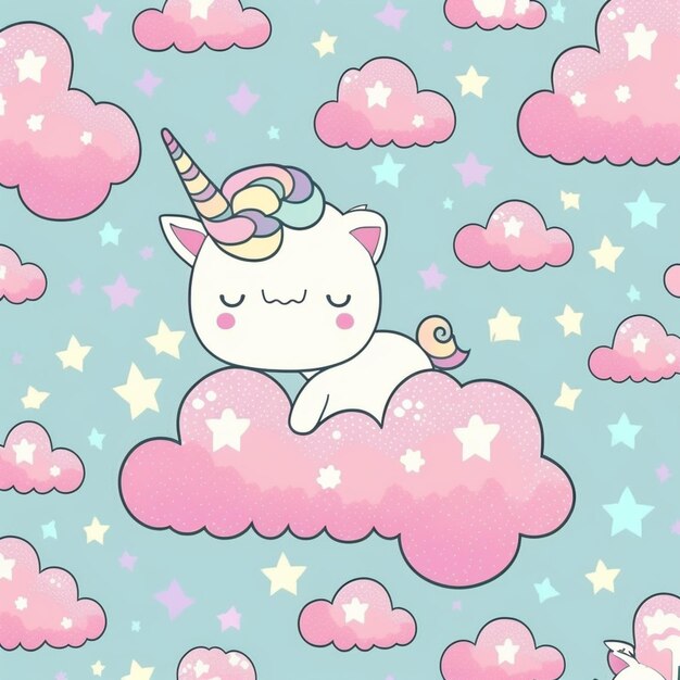 unicorn sleeping on a cloud with stars and clouds in the background generative ai