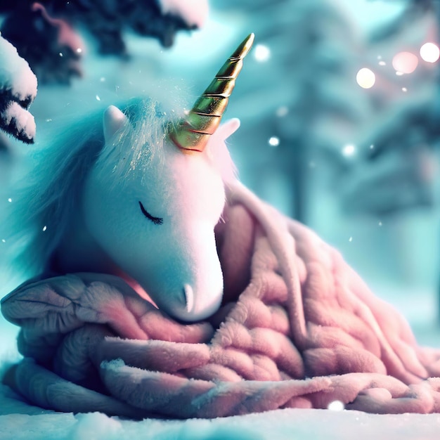 Foto un unicorno che dorme nella neve