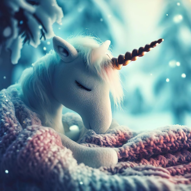 Photo a unicorn sleeping in a snowy scene with a pink blanket and a pink blanket.