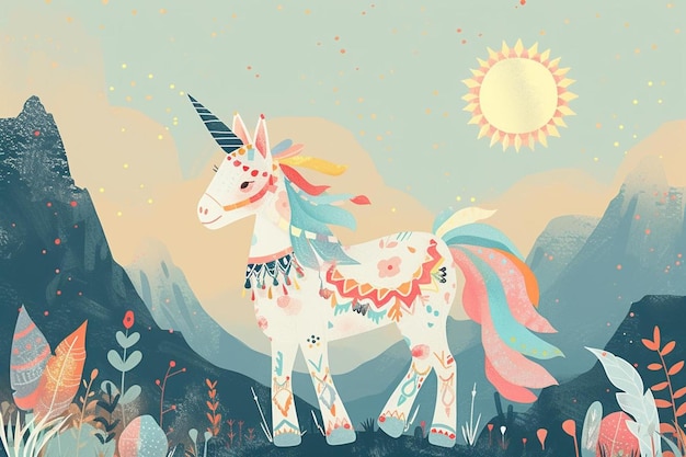 a unicorn standing in a field with mountains in the background