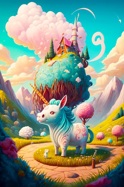 Unicorn standing in front of castle on top of hill Generative AI