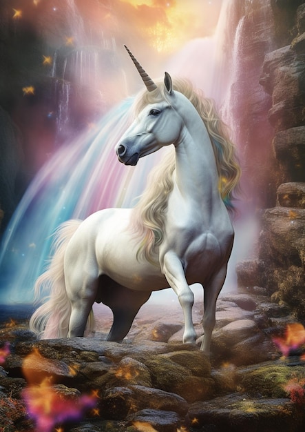 Foto unicorno in piedi davanti a una cascata con un arcobaleno sullo sfondo ai generative