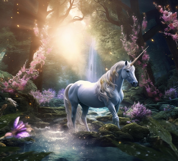 Unicorn standing in a stream of water surrounded by trees and flowers generative ai