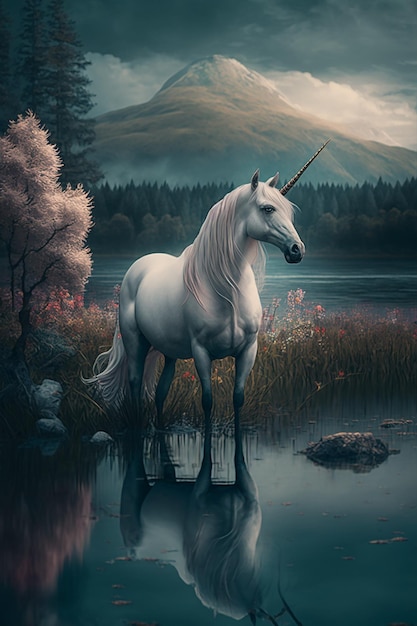 A unicorn stands in a lake with mountains in the background.