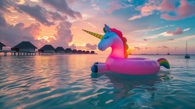 Unicorn swimming in the water in the Maldives