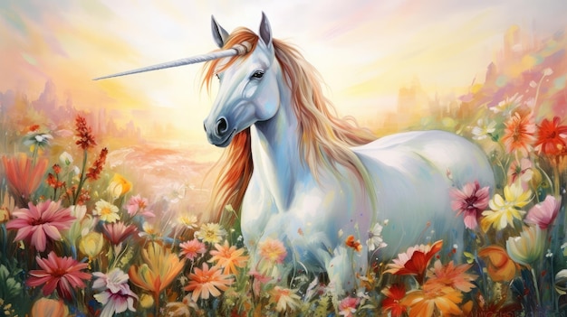 unicorn in vibrant flowers and butterflies surrounding it sunlight warm glow iridescent mane and horn evoking a sense of enchantment and magic unicorn Watercolor painting