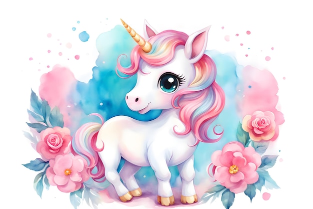 Foto acquerello di unicorno in colori pastello rosa e blu