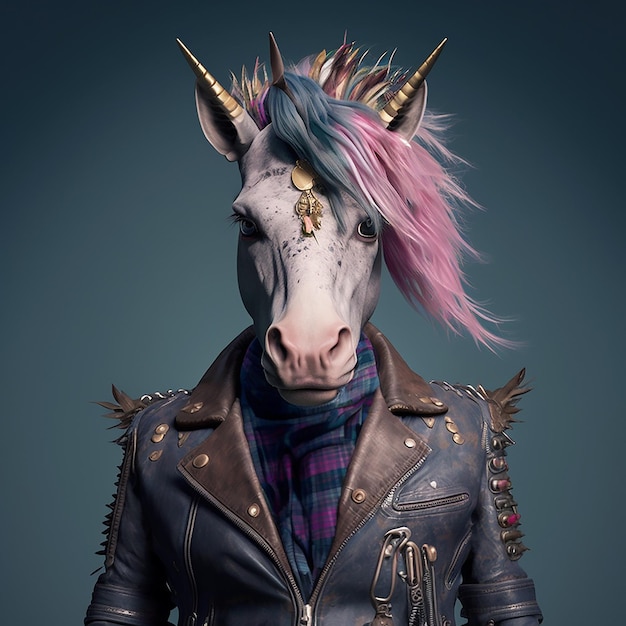 A unicorn wearing a leather jacket and a leather jacket.