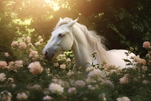 Photo a unicorn white unicorn running in dreams flowers generative ai