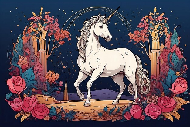 a unicorn with a beautiful background and flowers in the background arabian style