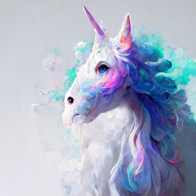 A unicorn with a blue eye and a pink mane is on a white background.