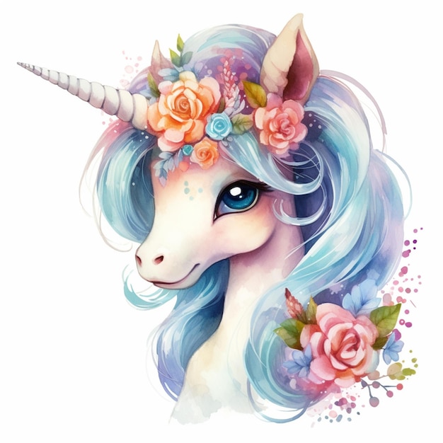 unicorn with blue hair and flowers on its head generative ai