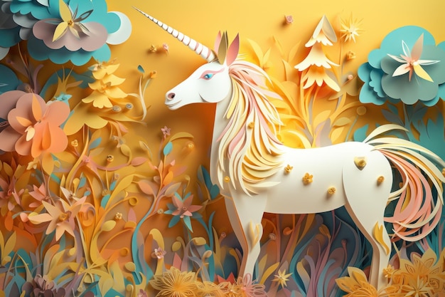 A unicorn with a blue horn and a gold horn is standing in a field of flowers.