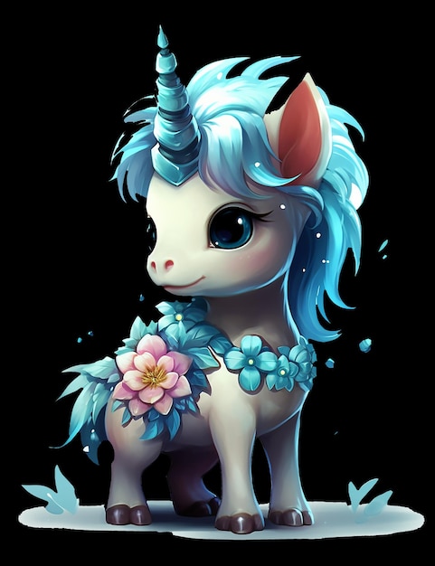 A unicorn with a blue mane and a flower on its head