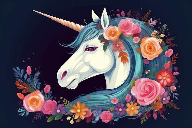 A unicorn with a blue mane and flowers on it Generative AI