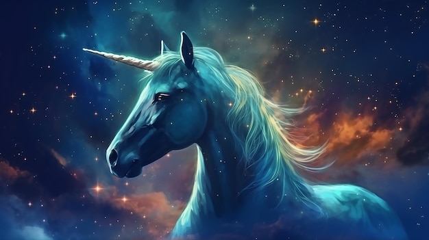 A unicorn with a blue mane and a white tail is in the center of the image.