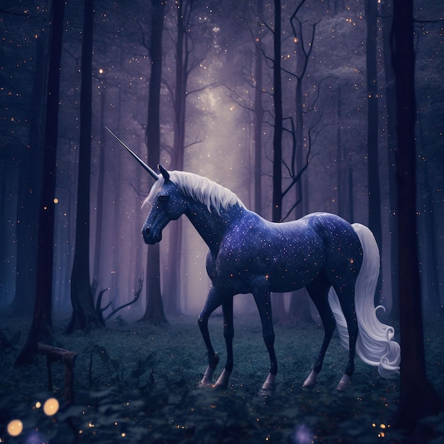 A unicorn with a blue and white tail is in a forest