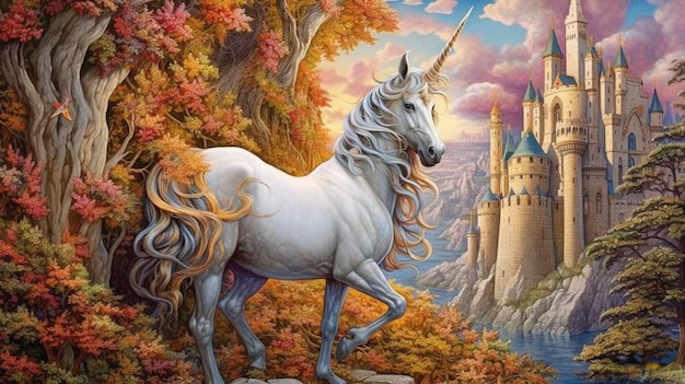 Foto un unicorno con un castello sullo sfondo