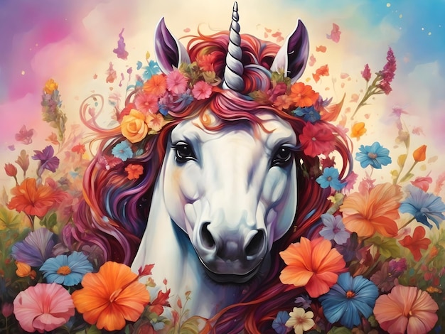 Unicorn with Colorful Mane Amidst a FlowerFilled Field