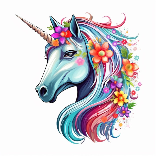 A unicorn with a colorful mane and flowers on its head generative ai