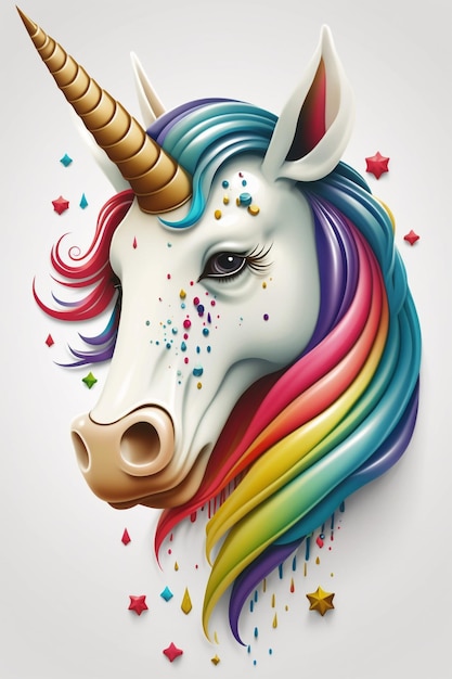 Unicorn with colorful mane and stars on white background generative ai