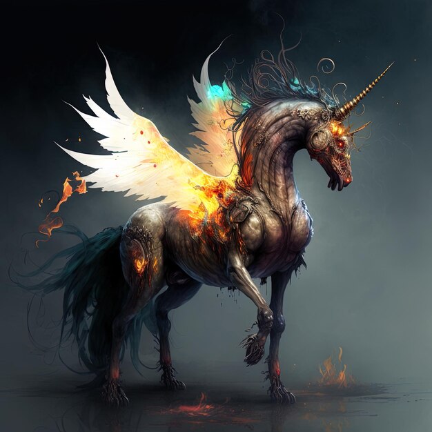 a unicorn with a dragon on its back is shown in a black background