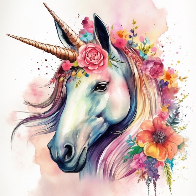 A unicorn with a flower crown on it